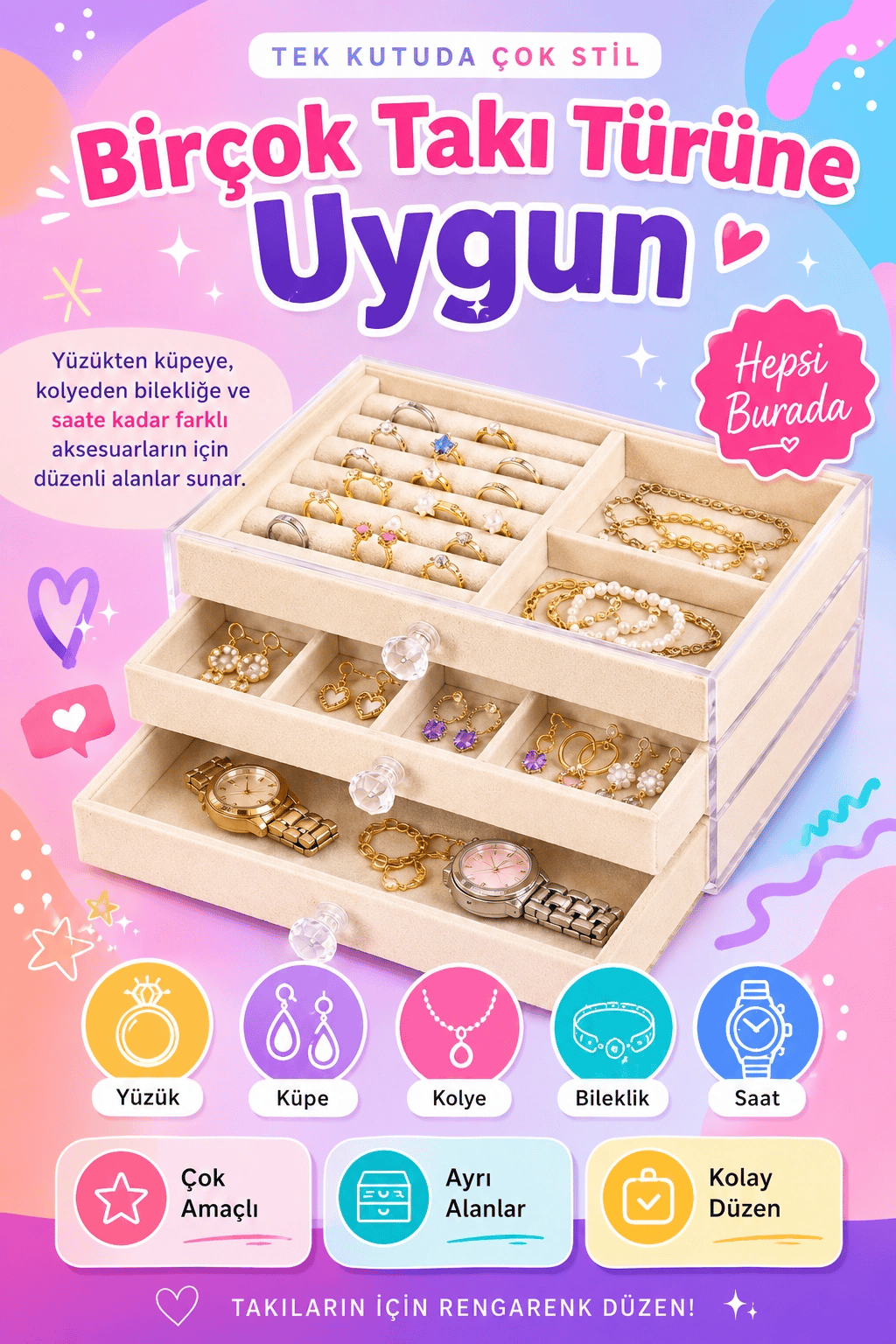 Kadife Kaplamalı Şeffaf Takı Kutusu Çekmeceli Saat Yüzük Kolye Organizeri