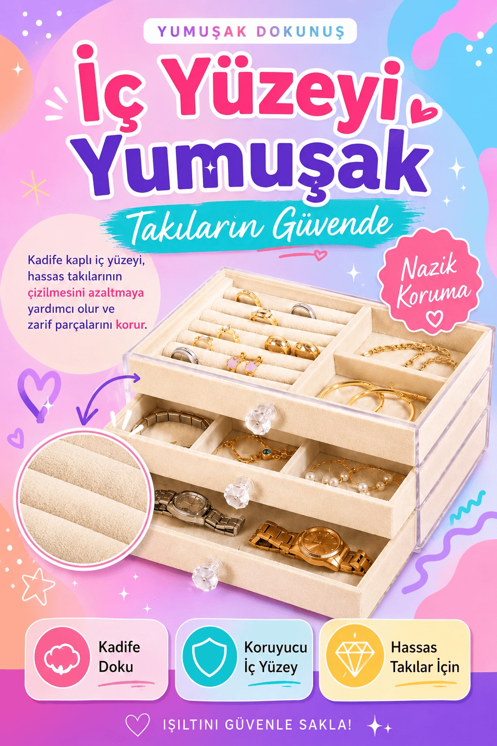 Kadife Kaplamalı Şeffaf Takı Kutusu Çekmeceli Saat Yüzük Kolye Organizeri
