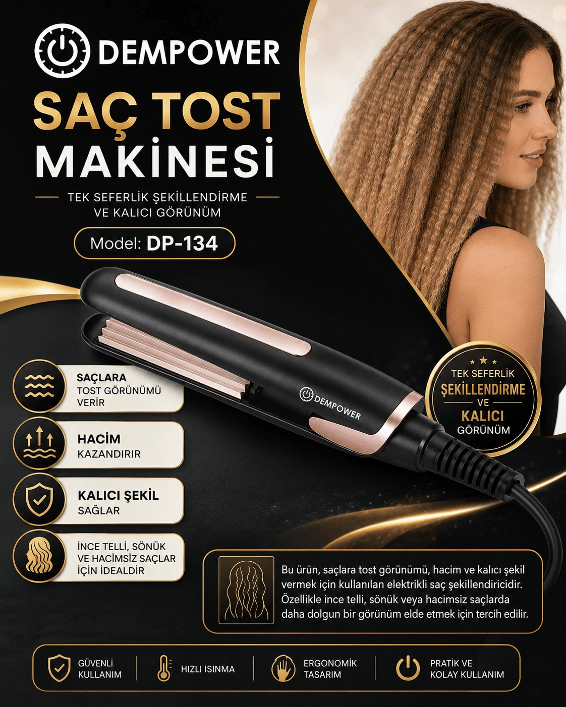 Kadınlar İçin Dalgalı ve Hacimli Görünüm Sağlayan Profesyonel Saç Tost Şekillendirme Makinesi