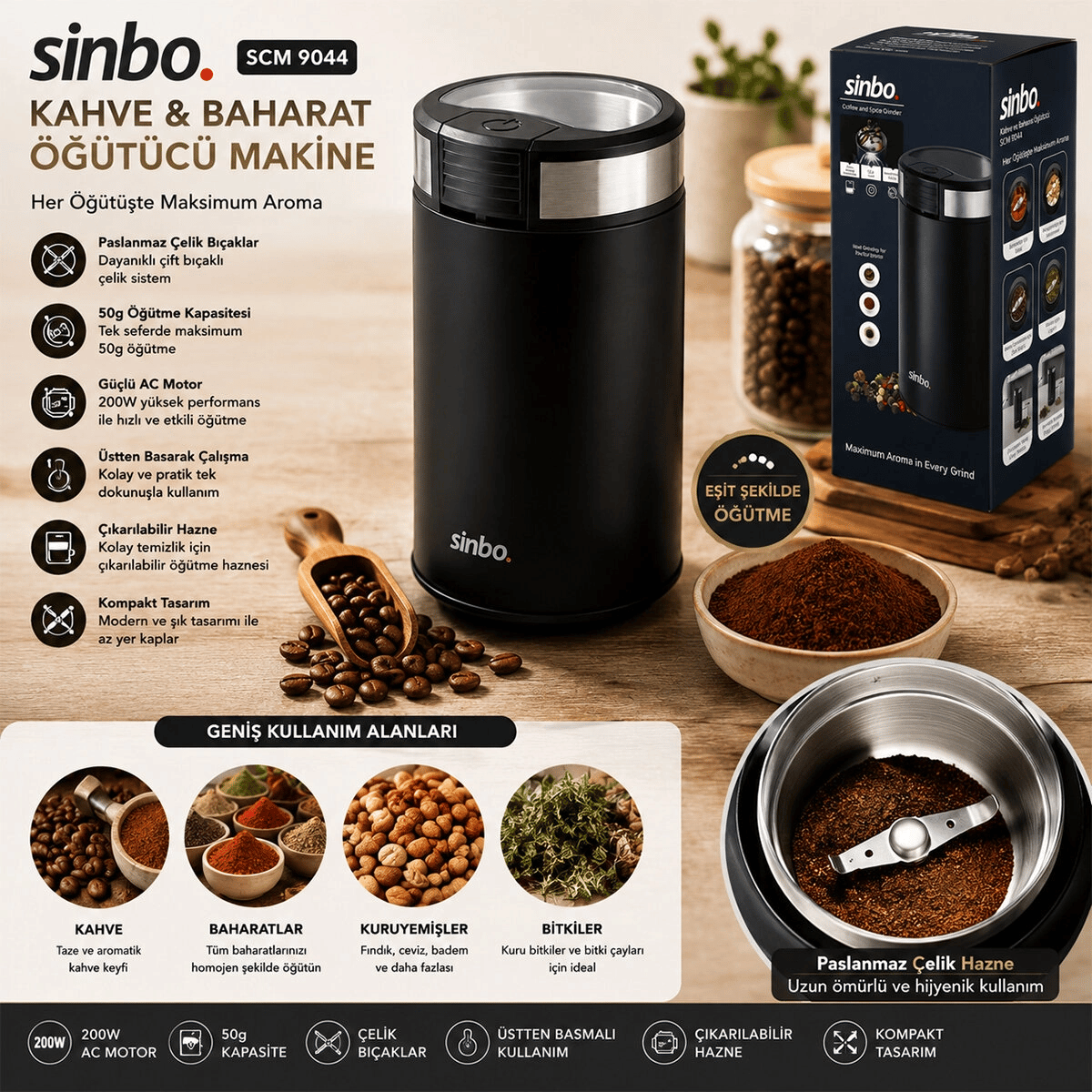 Kahve - Baharat Öğütücü Makine 2 Bıçaklı Çelik Öğütme Haznesi 50gr Öğütme Ac Motor=200w Scm-9044 Bx40