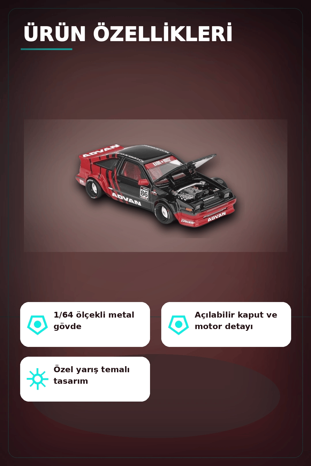 KaidoHouse 1/64 Ölçekli Toyota AE86 Sprinter Trueno Diecast Model Araba ADVAN Lastik BX-313325