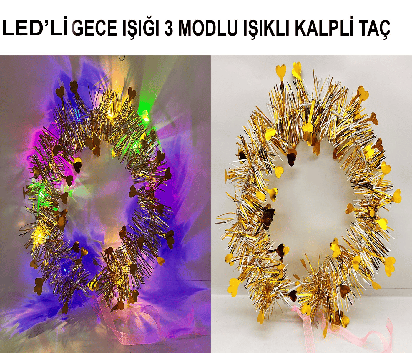Kalp Püsküllü Gece Parıltısı 3 Modlu Led'li Işıklı Taç Altın Renk Bx40