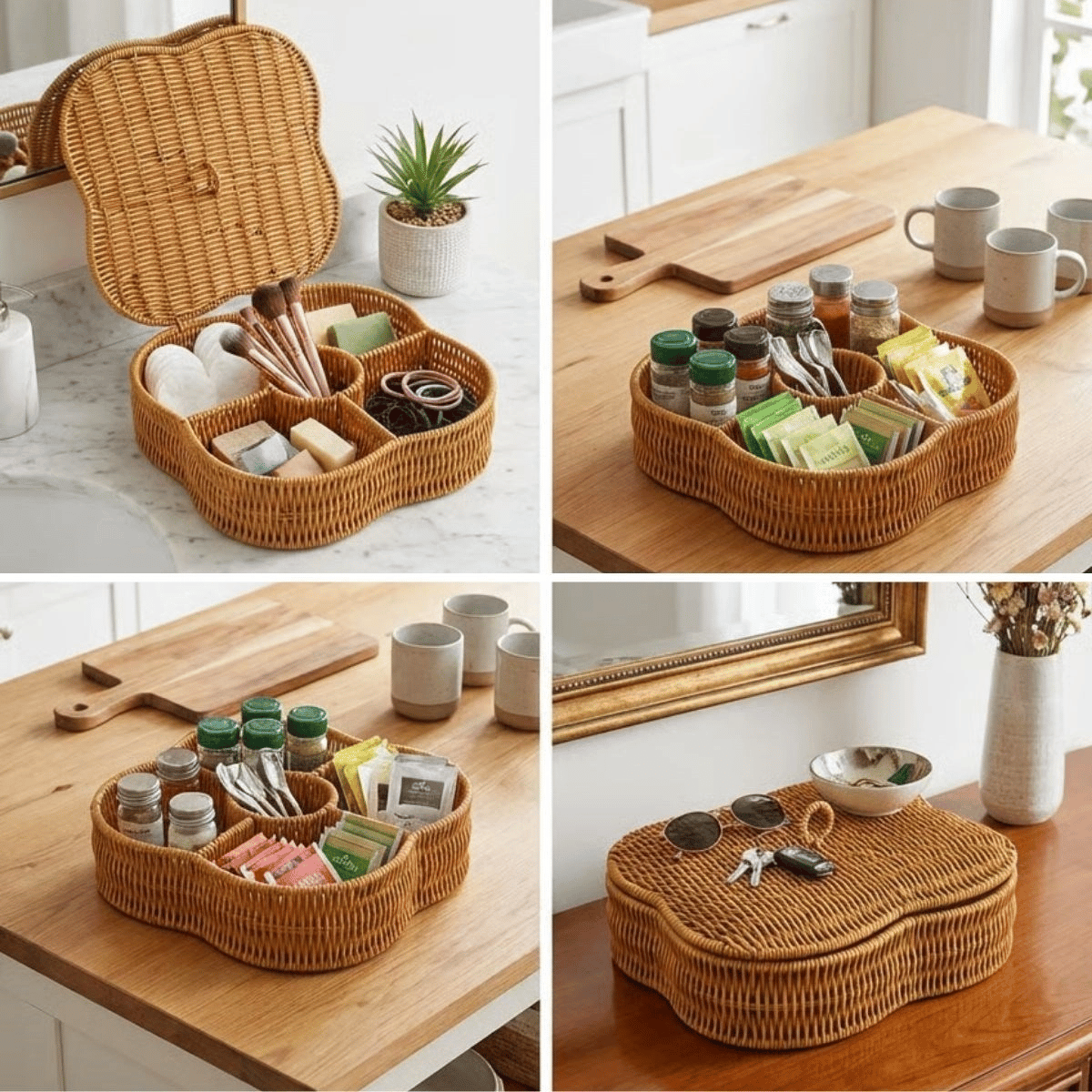 Kapaklı 5 Bölmeli Plastik Rattan Organizer Kutu – Hasır Desenli Çok Amaçlı Saklama Ve Sunum Sepeti Çerezlik Bx40