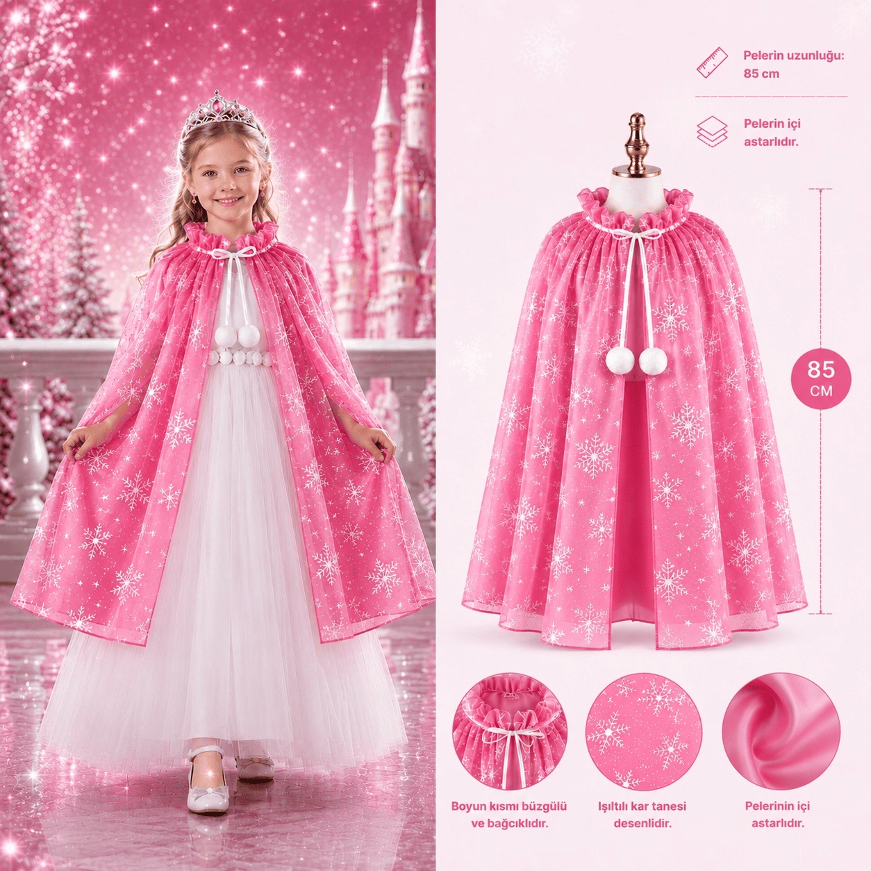 Kar Tanesi Desenli Pembe Elsa Pelerini - Astarlı Frozen Pelerini 85 Cm Bx40