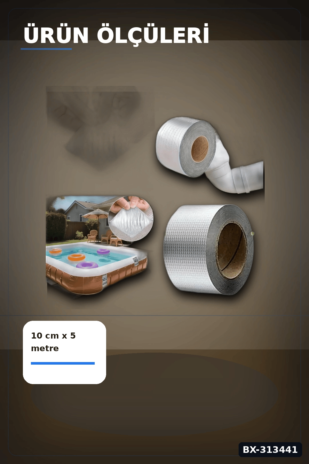 Kare Desenli Gümüş Metalik 10cmx5m Yapışkan Bant 5li Paket Çatı Duvar Boru Onarım BX-313441