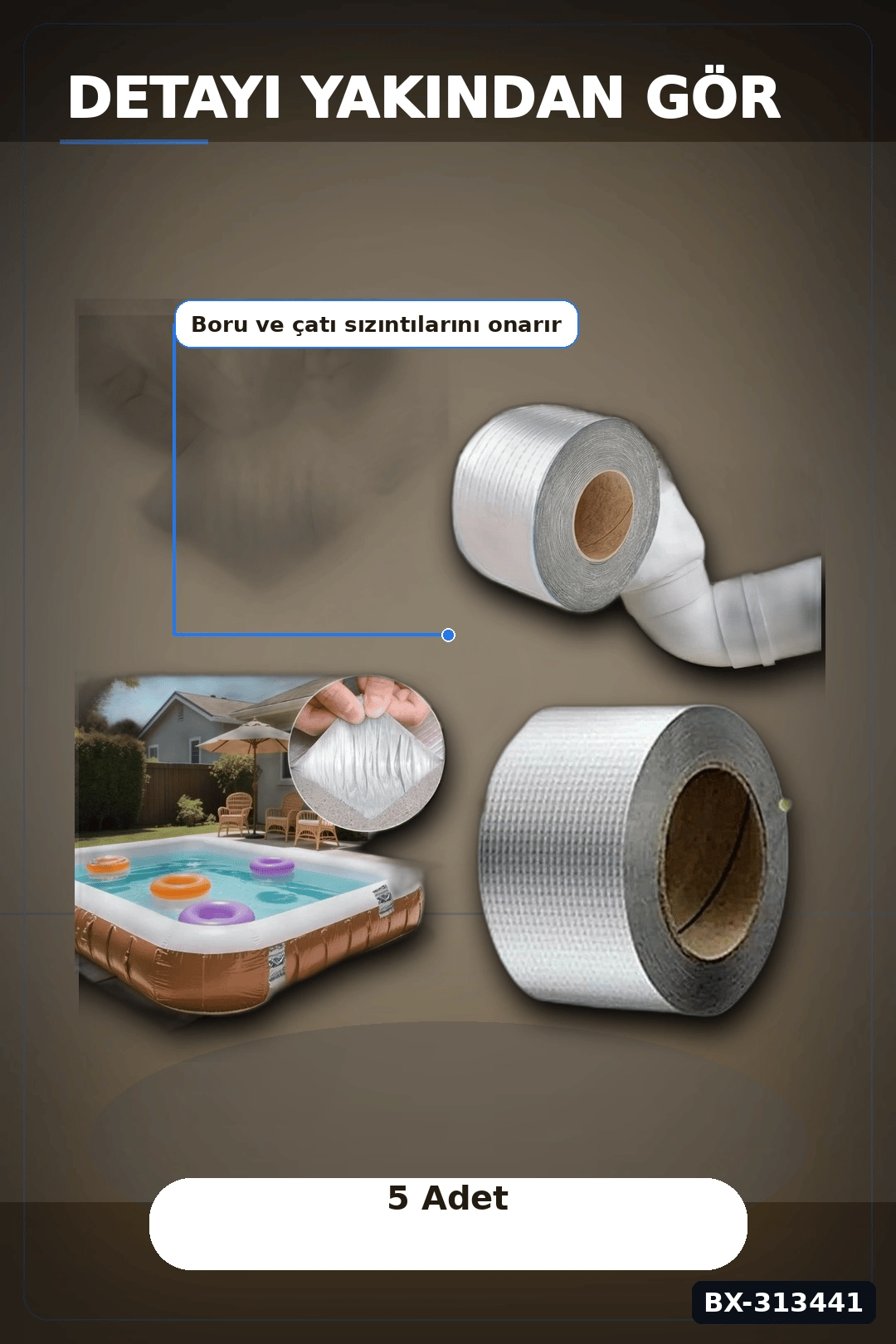 Kare Desenli Gümüş Metalik 10cmx5m Yapışkan Bant 5li Paket Çatı Duvar Boru Onarım BX-313441
