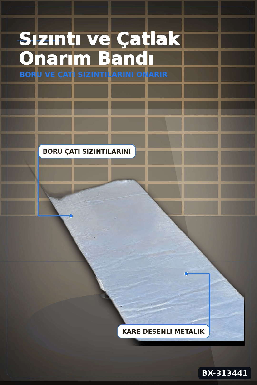 Kare Desenli Gümüş Metalik 10cmx5m Yapışkan Bant 5li Paket Çatı Duvar Boru Onarım BX-313441