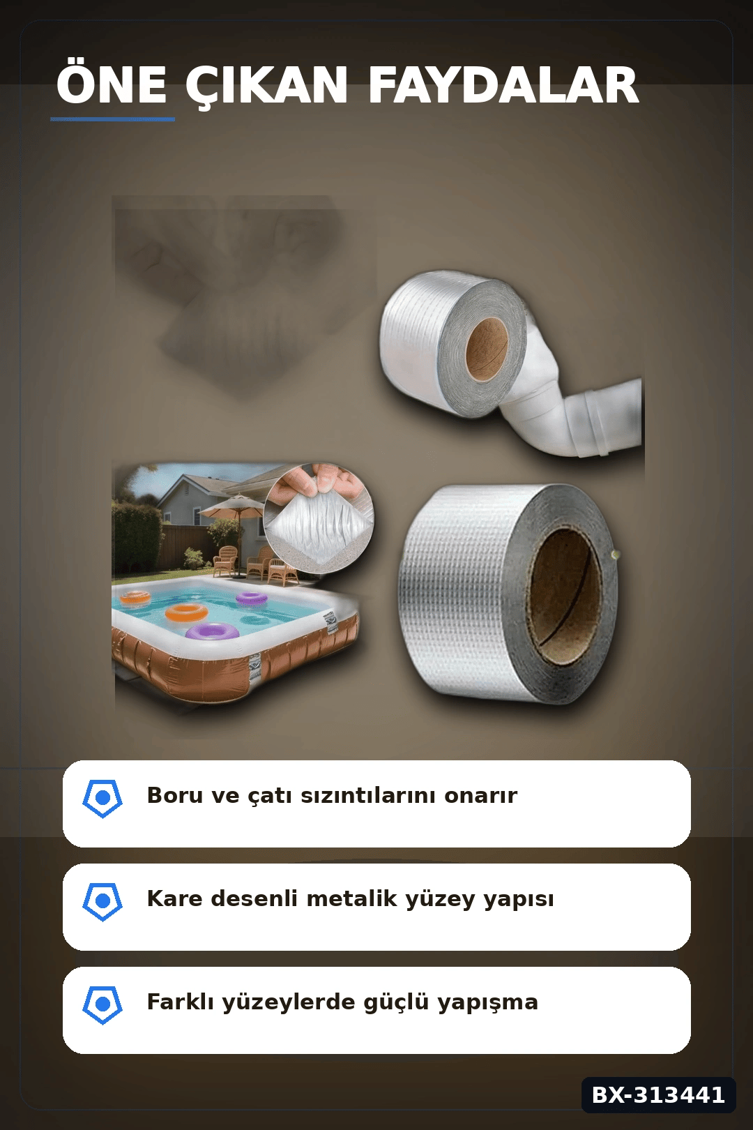 Kare Desenli Gümüş Metalik 10cmx5m Yapışkan Bant 5li Paket Çatı Duvar Boru Onarım BX-313441