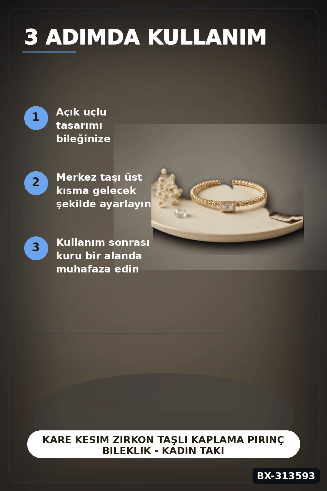 Kare Kesim Zirkon Taşlı Kaplama Pirinç Bileklik - Kadın Takı Aksesuarı BX-313593