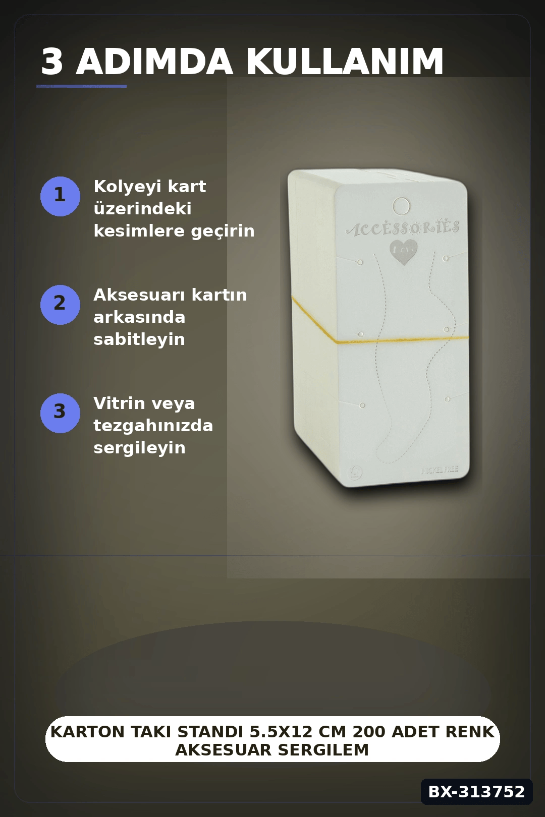 Karton Takı Standı 5.5x12 cm 200 Adet Renk Aksesuar Sergileme Kartı BX-313752