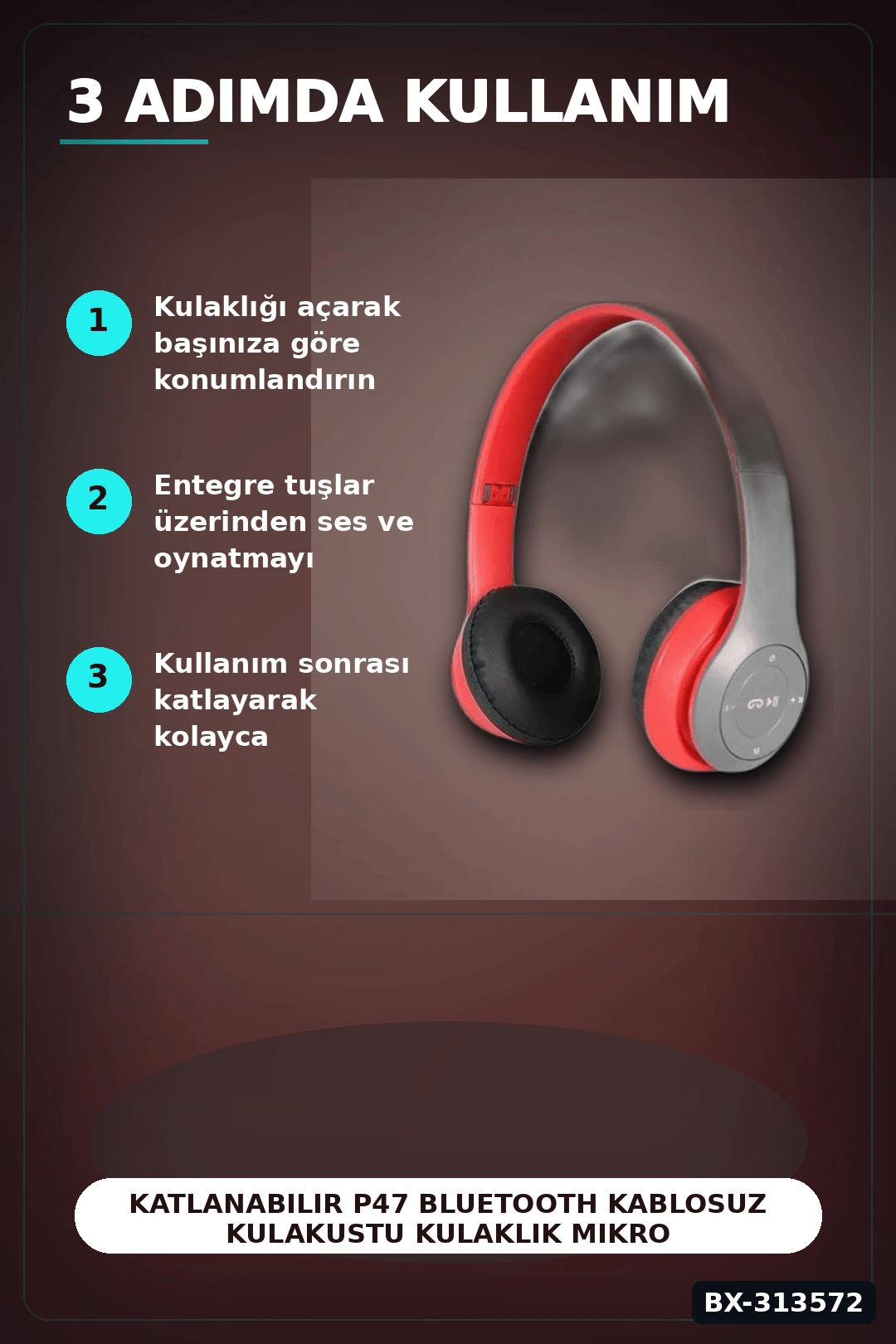 Katlanabilir P47 Bluetooth Kablosuz Kulakustu Kulaklik Mikrofonlu 1 Adet BX-313572