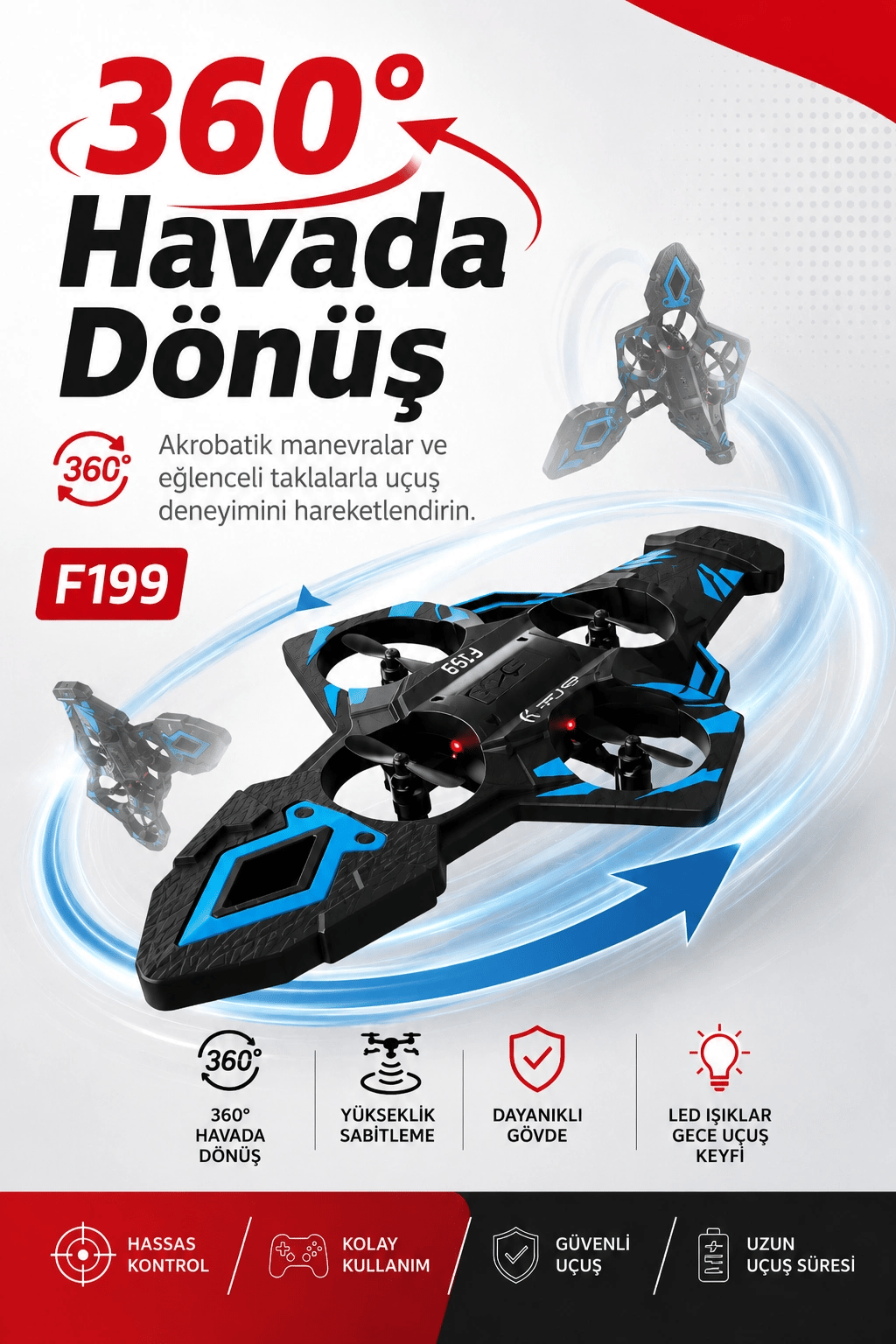 Katlanabilir Tasarımlı Uzaktan Kumandalı Drone 360 Derece Dönüş Ve Işıklı Uçuş Özellikli