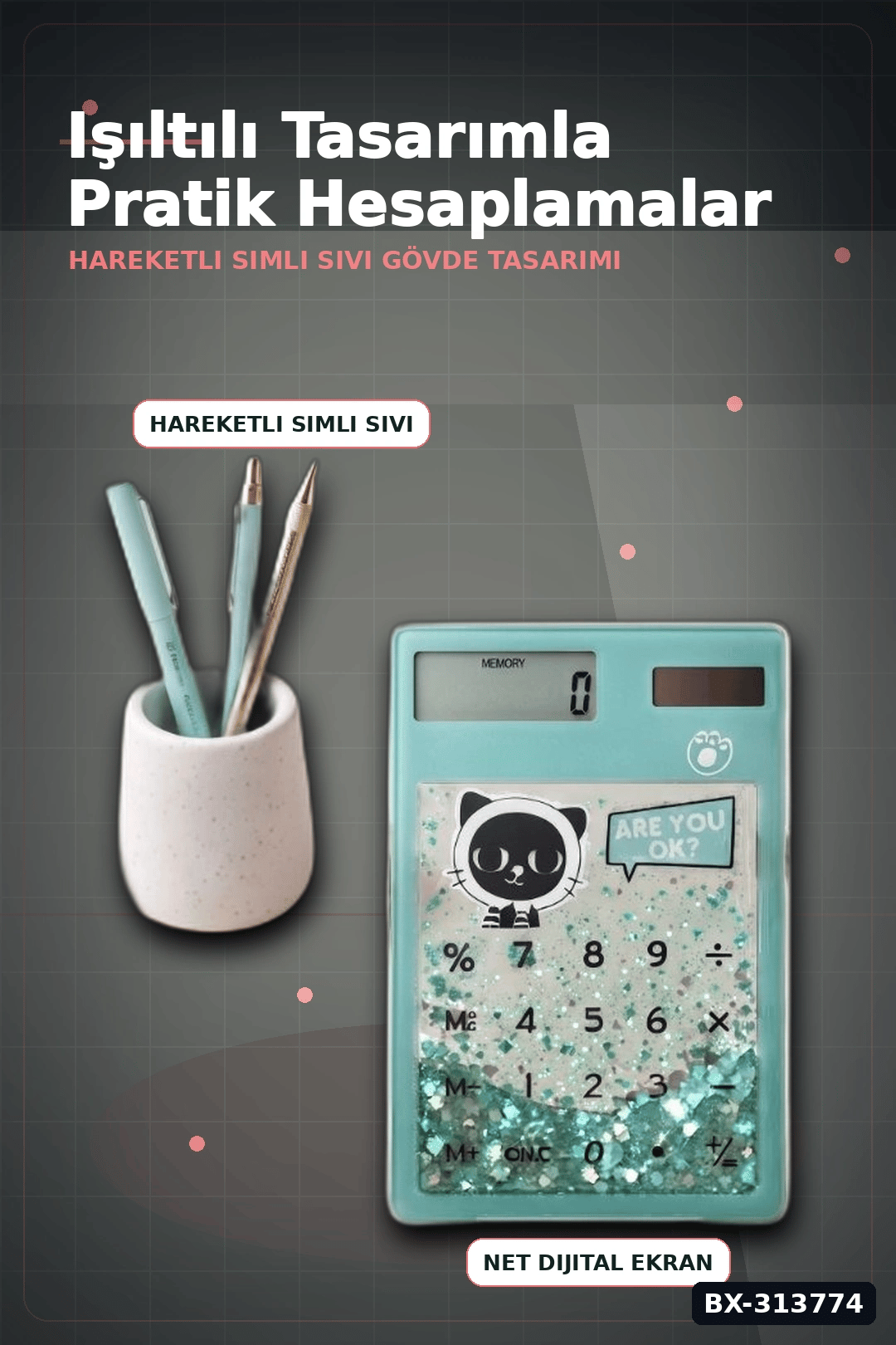 Kedi Figürlü Şeffaf Simli Hesap Makinesi 1 Adet Dekoratif Ofis Okul Hediyelik BX-313774