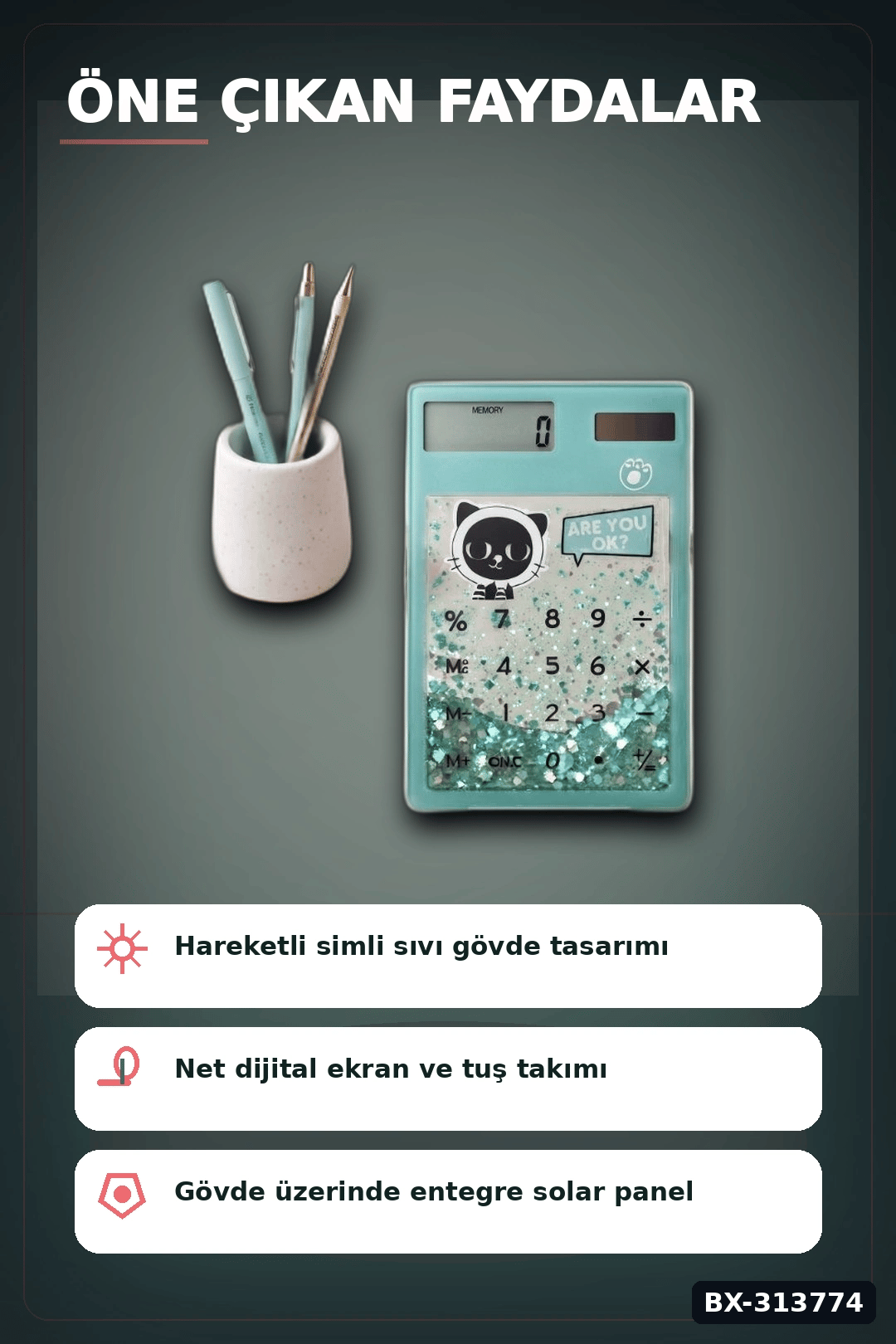 Kedi Figürlü Şeffaf Simli Hesap Makinesi 1 Adet Dekoratif Ofis Okul Hediyelik BX-313774