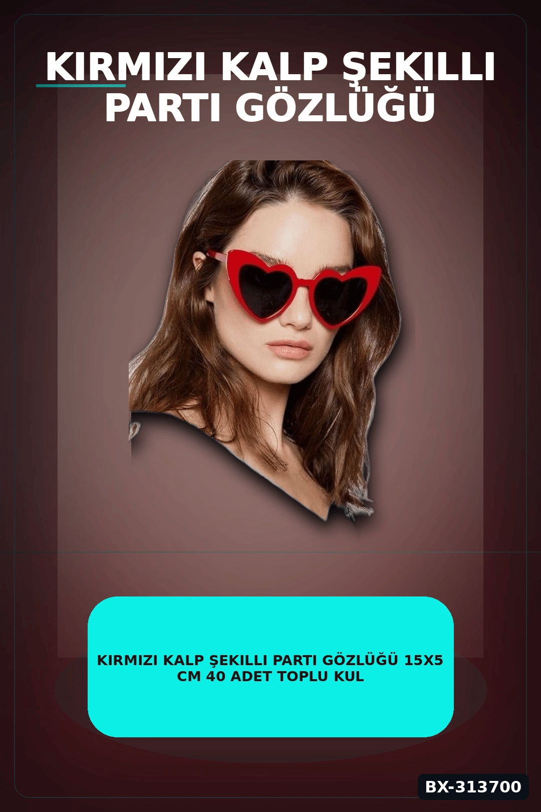 Kırmızı Kalp Şekilli Parti Gözlüğü 15x5 Cm 40 Adet Toplu Kullanımlık Plastik BX-313700