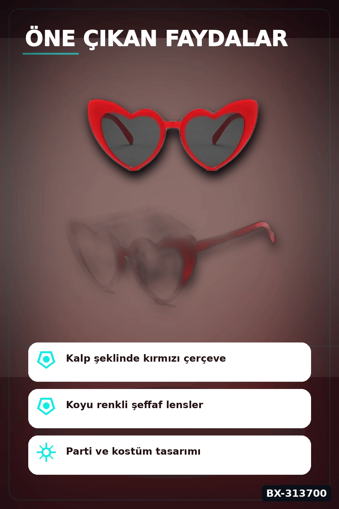 Kırmızı Kalp Şekilli Parti Gözlüğü 15x5 Cm 40 Adet Toplu Kullanımlık Plastik BX-313700