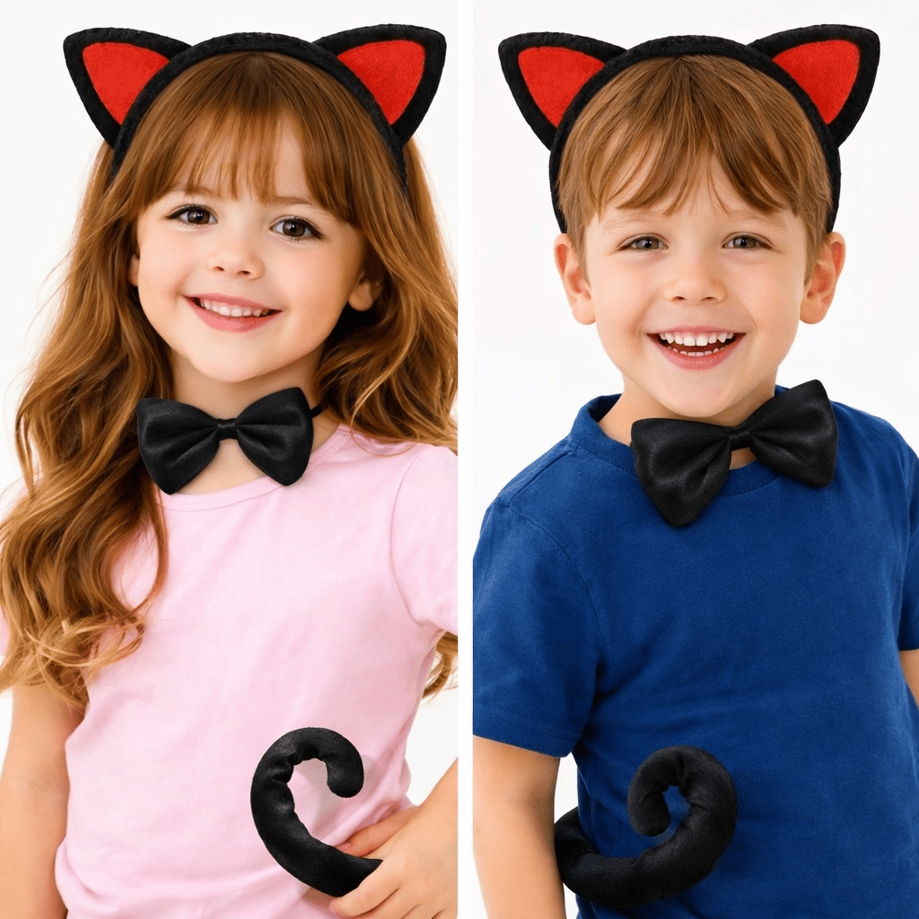 Kırmızı Kulaklı Kedi Kostüm Seti – Taç Papyon Kuyruk 3 Parça Bx40
