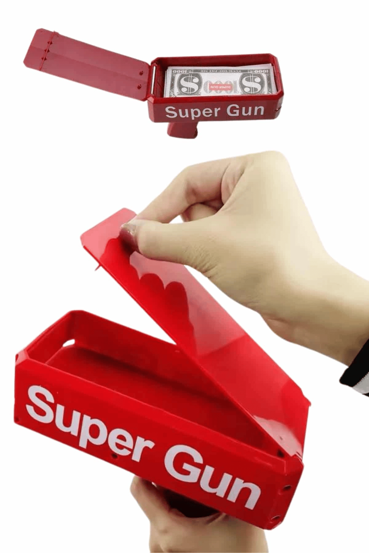 Kırmızı Parti Oyuncağı Para Saçma Fırlatma Tabancası Makinesi Super Money
