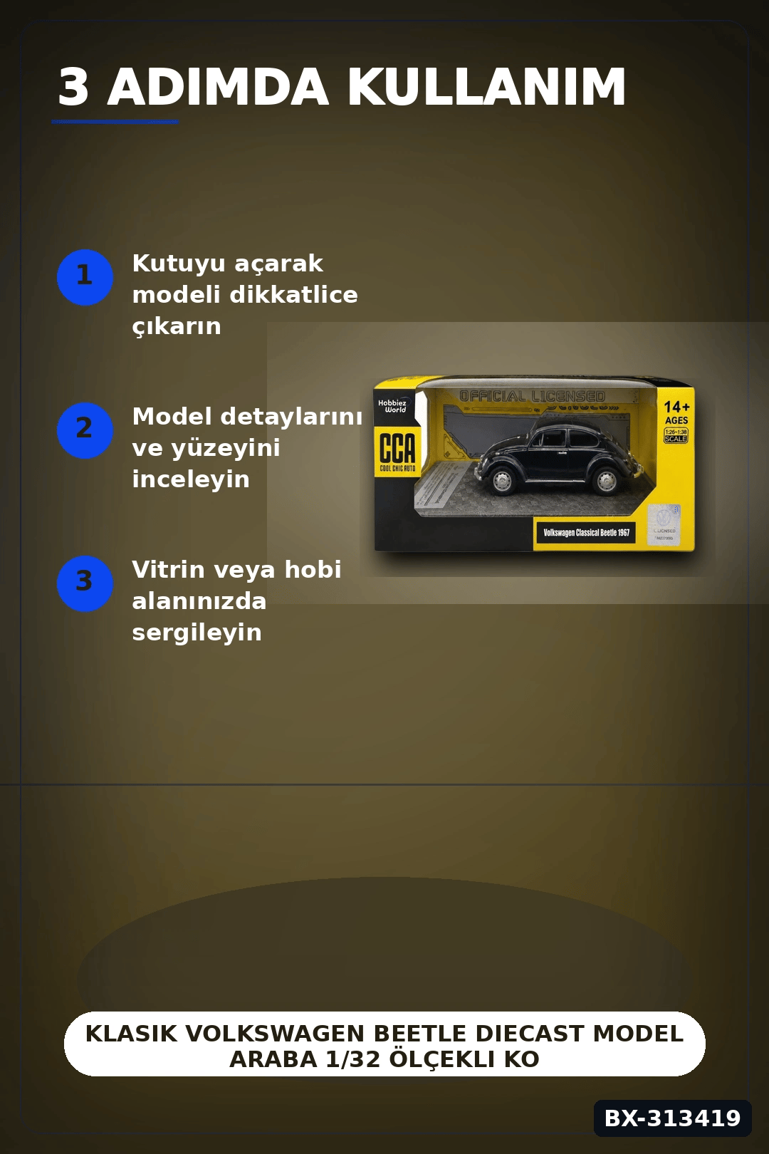 Klasik Volkswagen Beetle Diecast Model Araba 1/32 Ölçekli Koleksiyonluk BX-313419