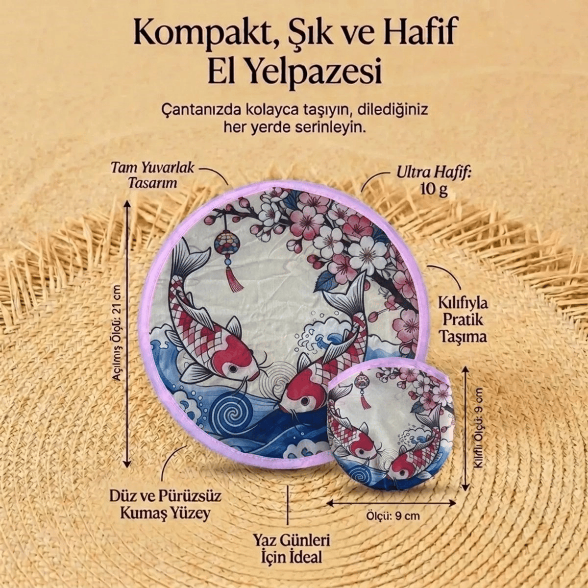 Koi Balığı Ve Kiraz Çiçeği Desenli Katlanabilir Cep Yelpazesi - Japon Stili Kılıflı El Yelpazesi Bx40