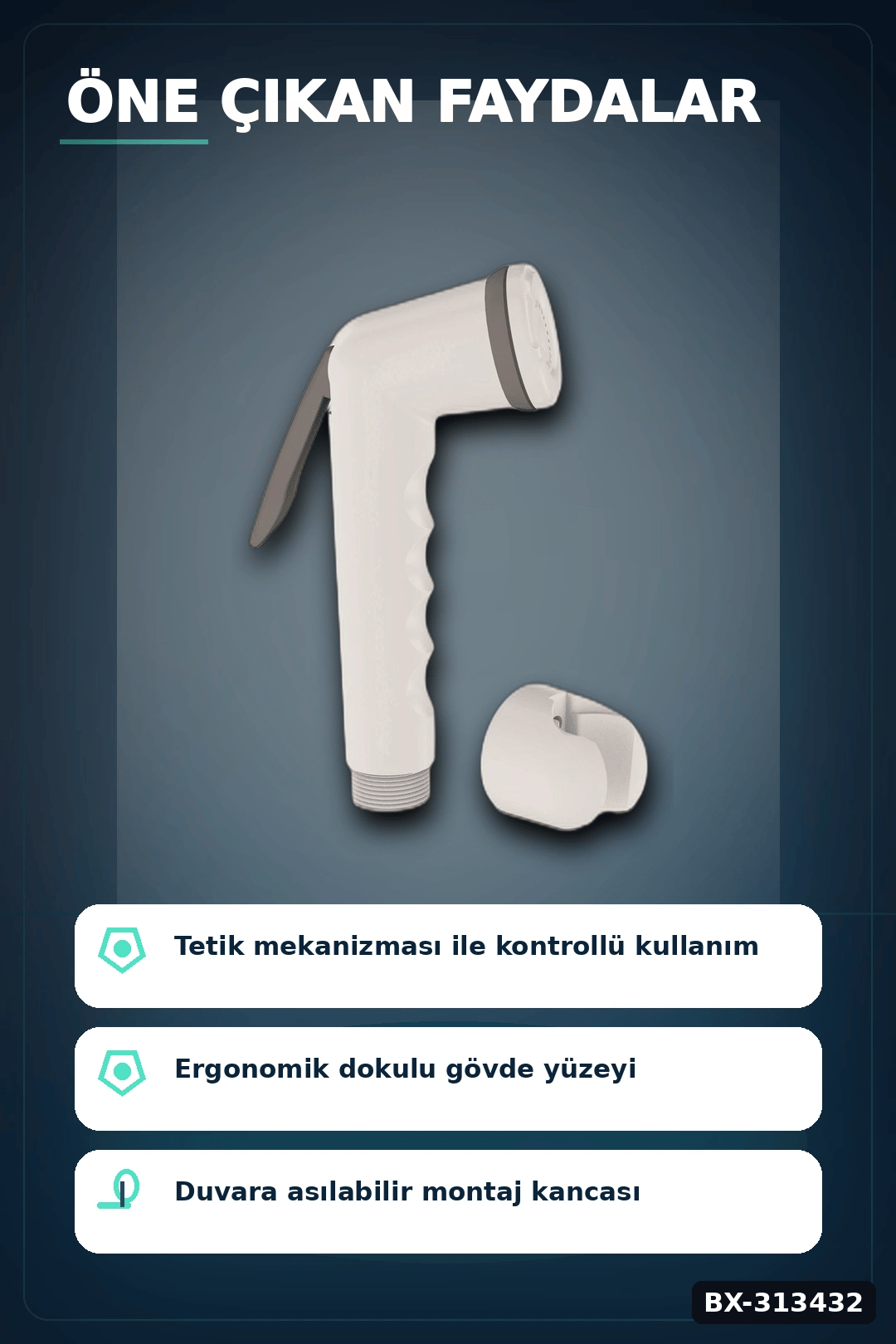 Köşeli Taharetmatik Şattaf Başlık - Beyaz Gri Plastik - Banyo Aksesuarı BX-313432