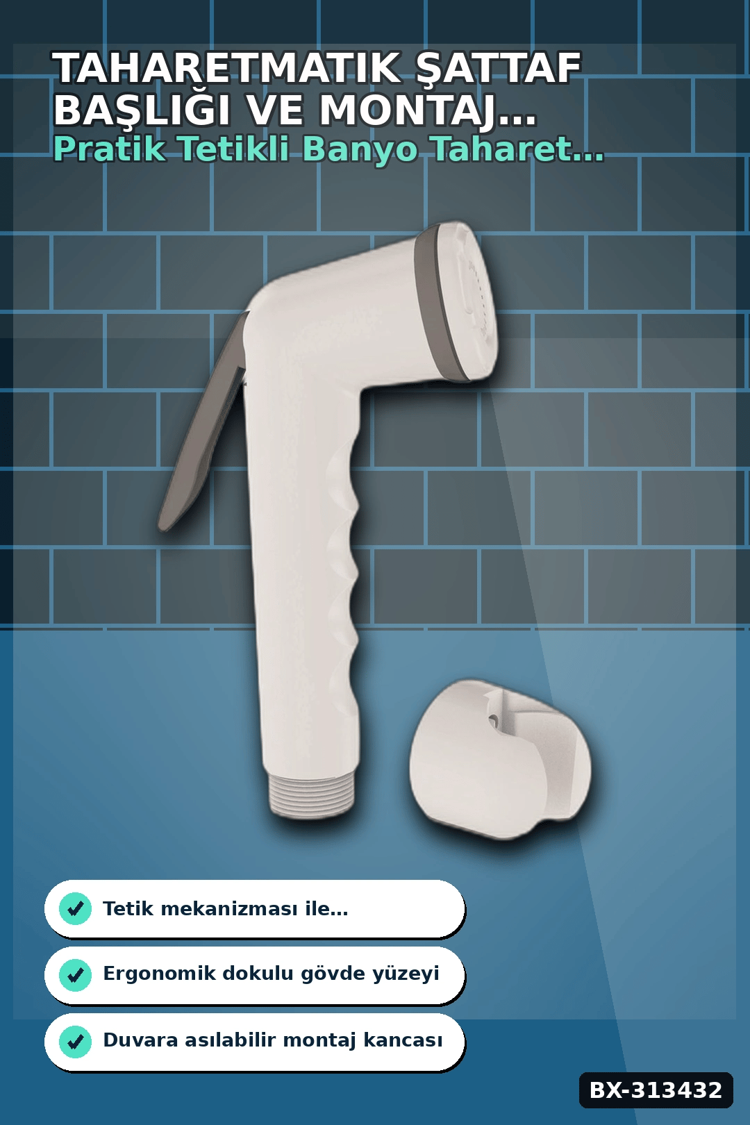 Köşeli Taharetmatik Şattaf Başlık - Beyaz Gri Plastik - Banyo Aksesuarı BX-313432