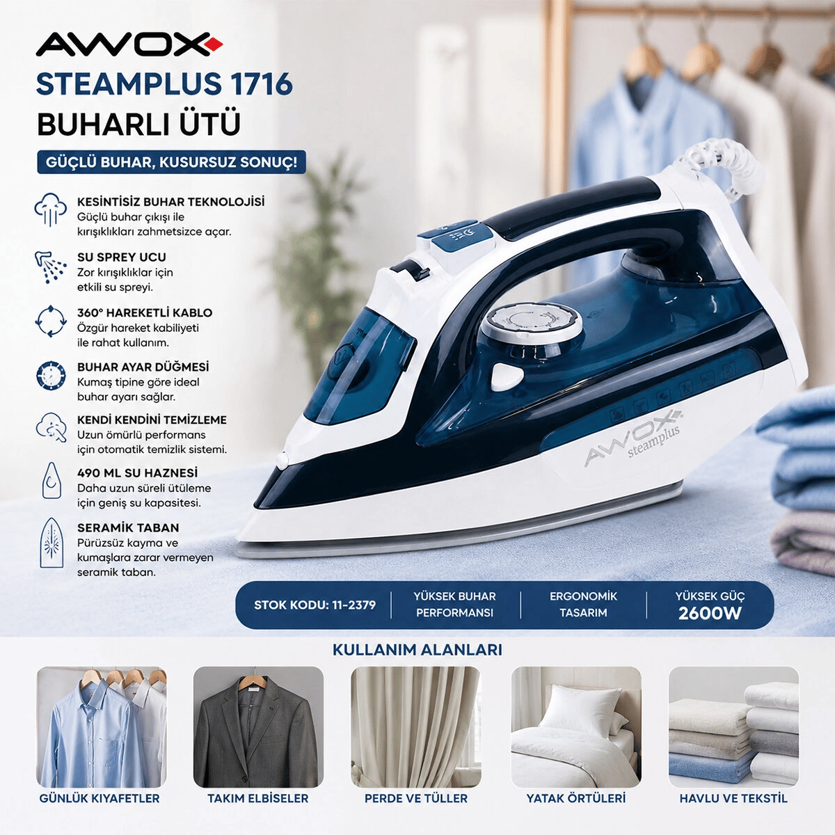 Koyu Mavi - Beyaz Buharlı Ütü Seramik Taban - 360° Hareketli Kablo - Buhar Ayarlama 2100w Steamplus-1716 Bx40