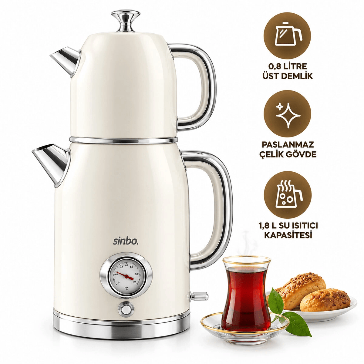 Krem Elektrikli Cam Demlikli Plastik Retro Çay Seti Çaycı Derece Göstergeli 1600w 1.8lt - 1lt Stm-5849 Bx40