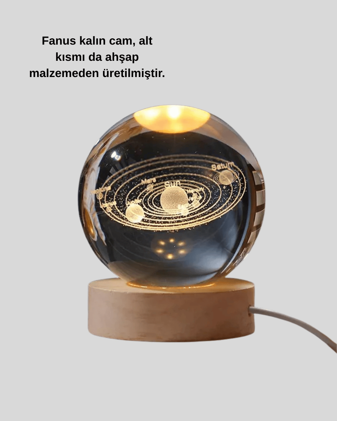 Kristal Gezegen Küre Ahşap Tabanlı USB Işıklı Gece Lambası