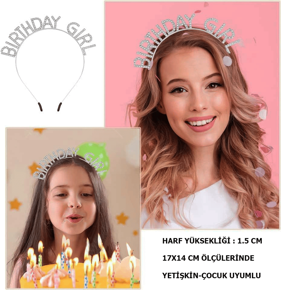 Kristal Taşlı Gümüş Birthday Girl Yazılı Doğum Günü Parti Tacı 19x11 Cm Bx40