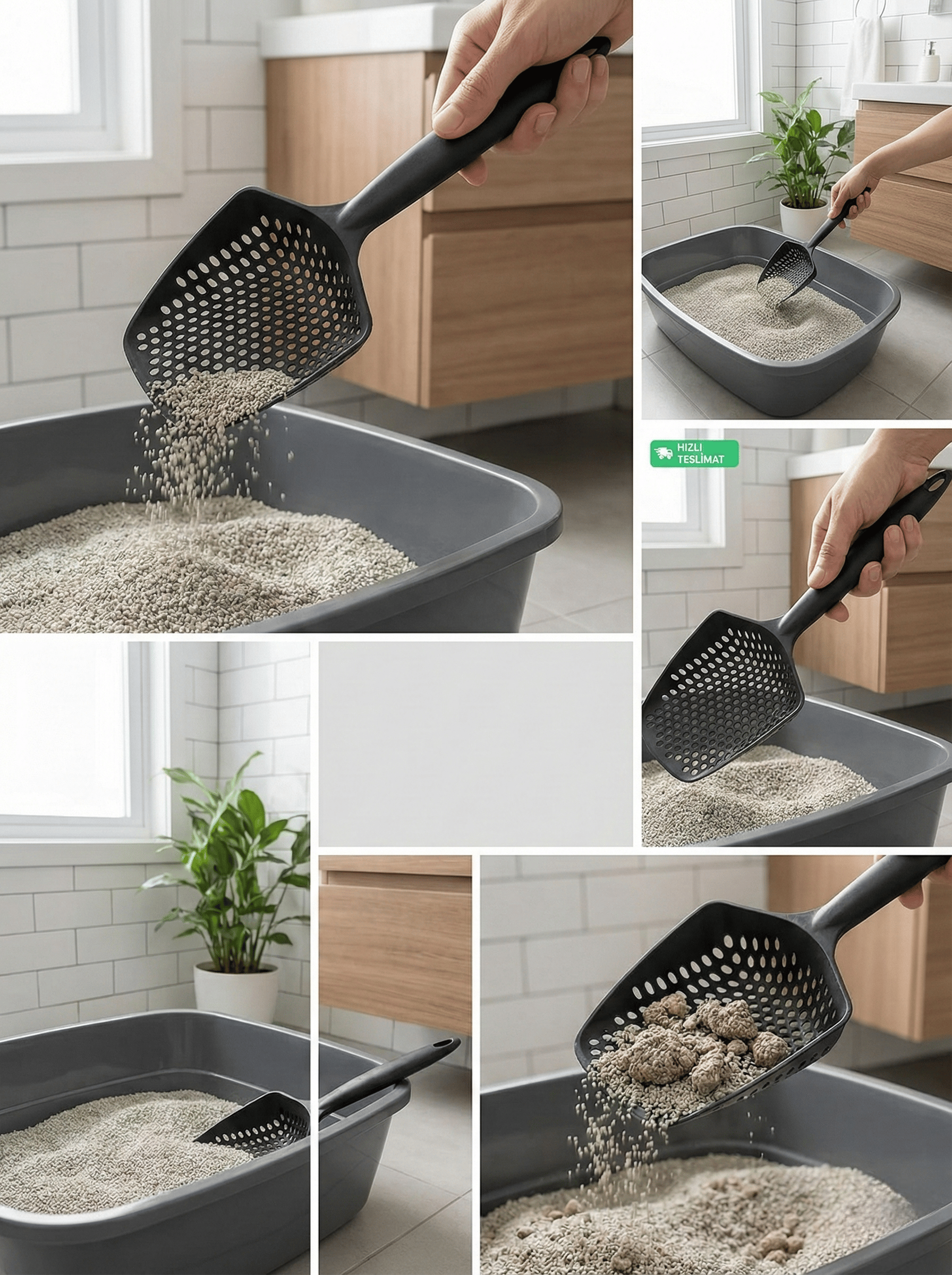 Küçük Delikli İnce Taneli Kedi Kumu Küreği – Dayanıklı, Ergonomik, Hijyenik Temizlik Küreği