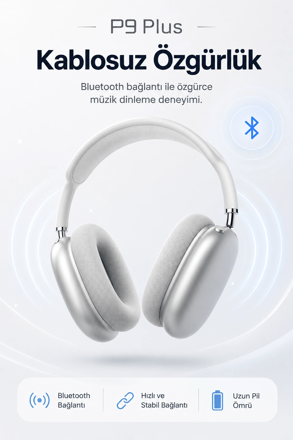 Kulak Üstü Kablosuz Bluetooth Kulaklık Yumuşak Pedli Mikrofonlu Günlük Kullanım
