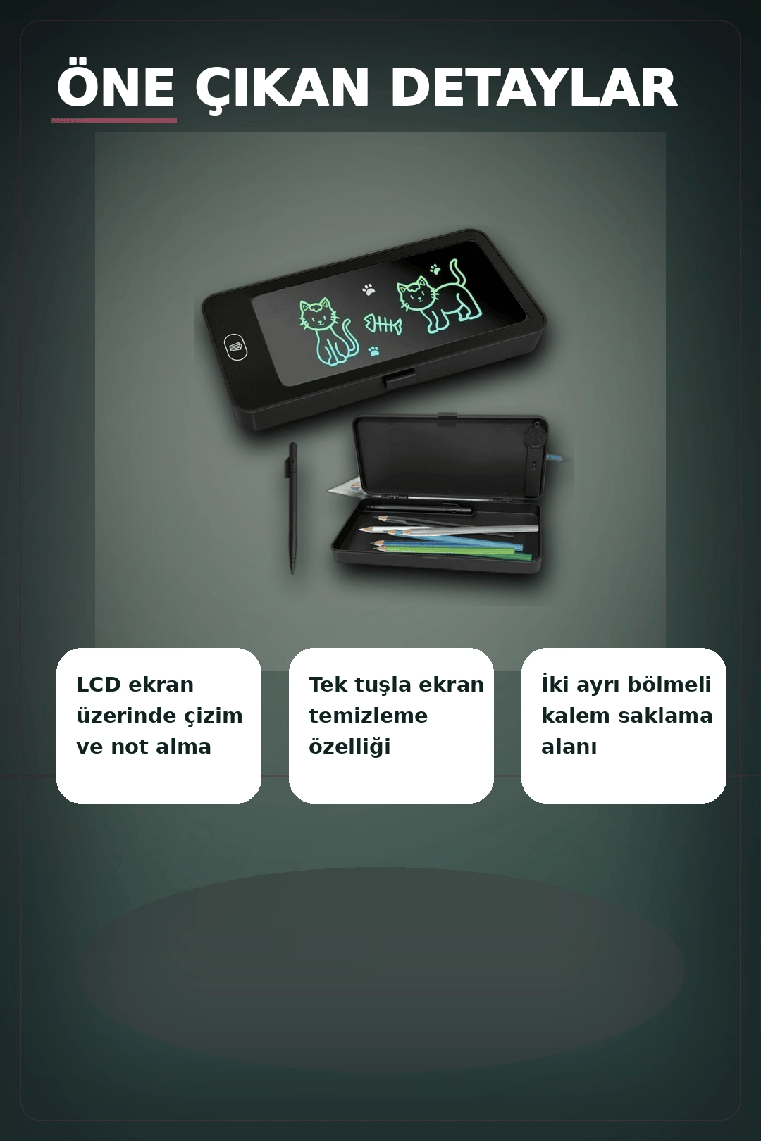 LCD Dokunmatik Çizim Kalemliği Siyah - 2 Bölmeli Kalemlik, Eğitici Çocuk Oyuncak BX-313442