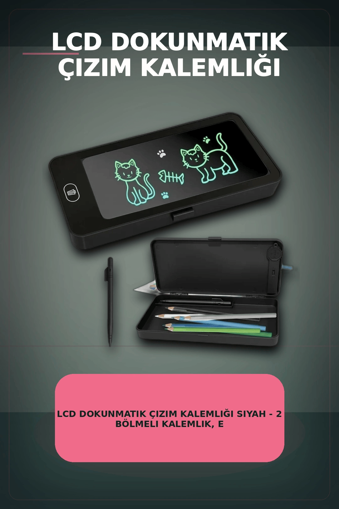 LCD Dokunmatik Çizim Kalemliği Siyah - 2 Bölmeli Kalemlik, Eğitici Çocuk Oyuncak BX-313442