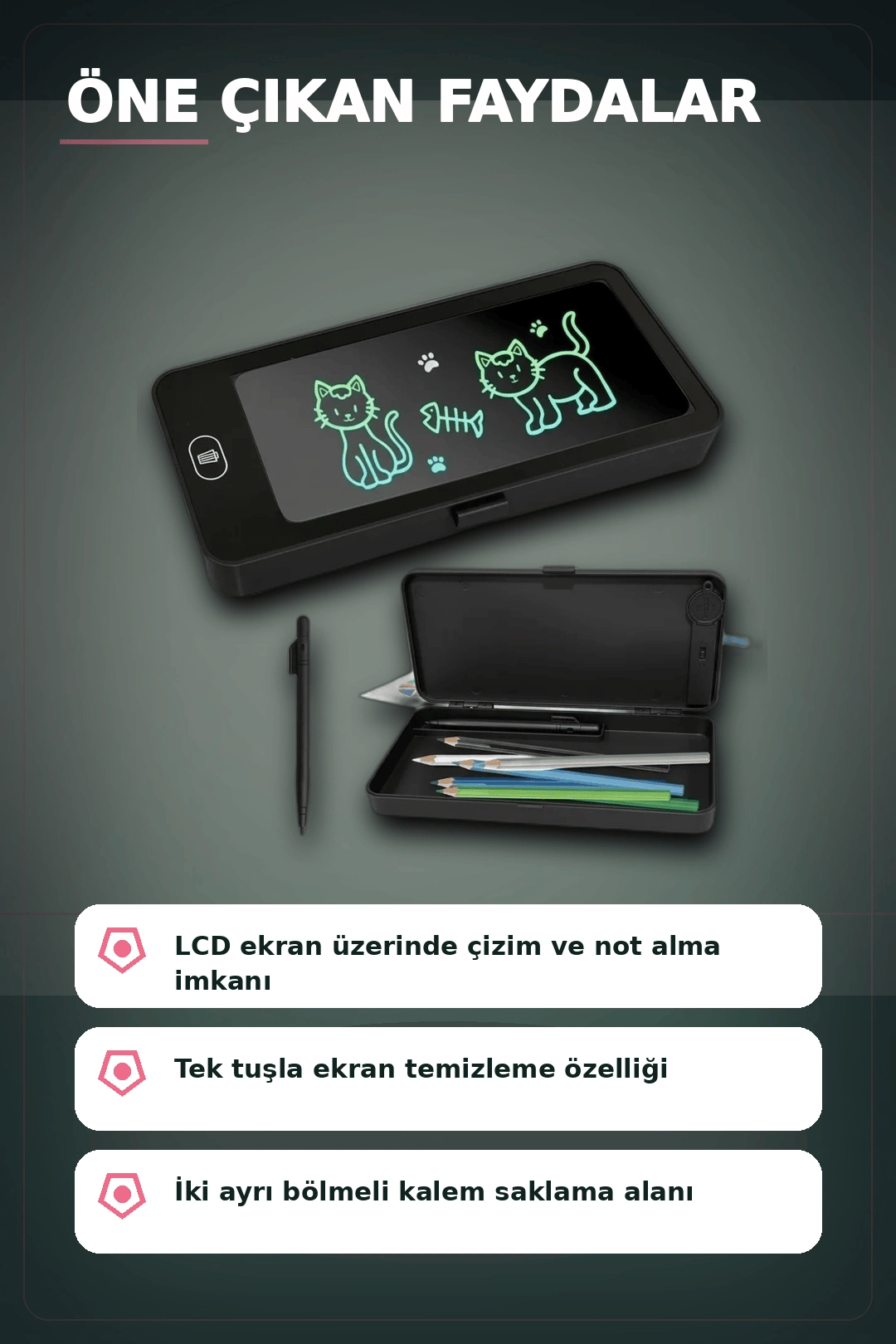 LCD Dokunmatik Çizim Kalemliği Siyah - 2 Bölmeli Kalemlik, Eğitici Çocuk Oyuncak BX-313442