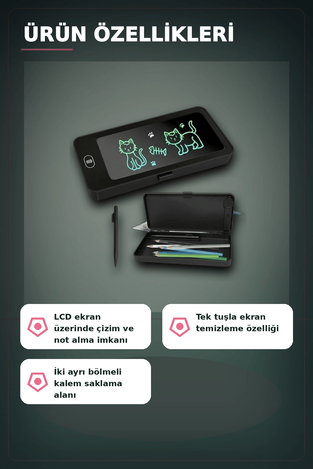LCD Dokunmatik Çizim Kalemliği Siyah - 2 Bölmeli Kalemlik, Eğitici Çocuk Oyuncak BX-313442