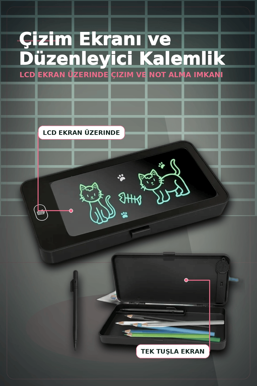 LCD Dokunmatik Çizim Kalemliği Siyah - 2 Bölmeli Kalemlik, Eğitici Çocuk Oyuncak BX-313442