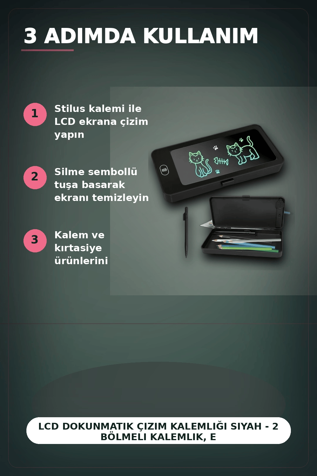 LCD Dokunmatik Çizim Kalemliği Siyah - 2 Bölmeli Kalemlik, Eğitici Çocuk Oyuncak BX-313442