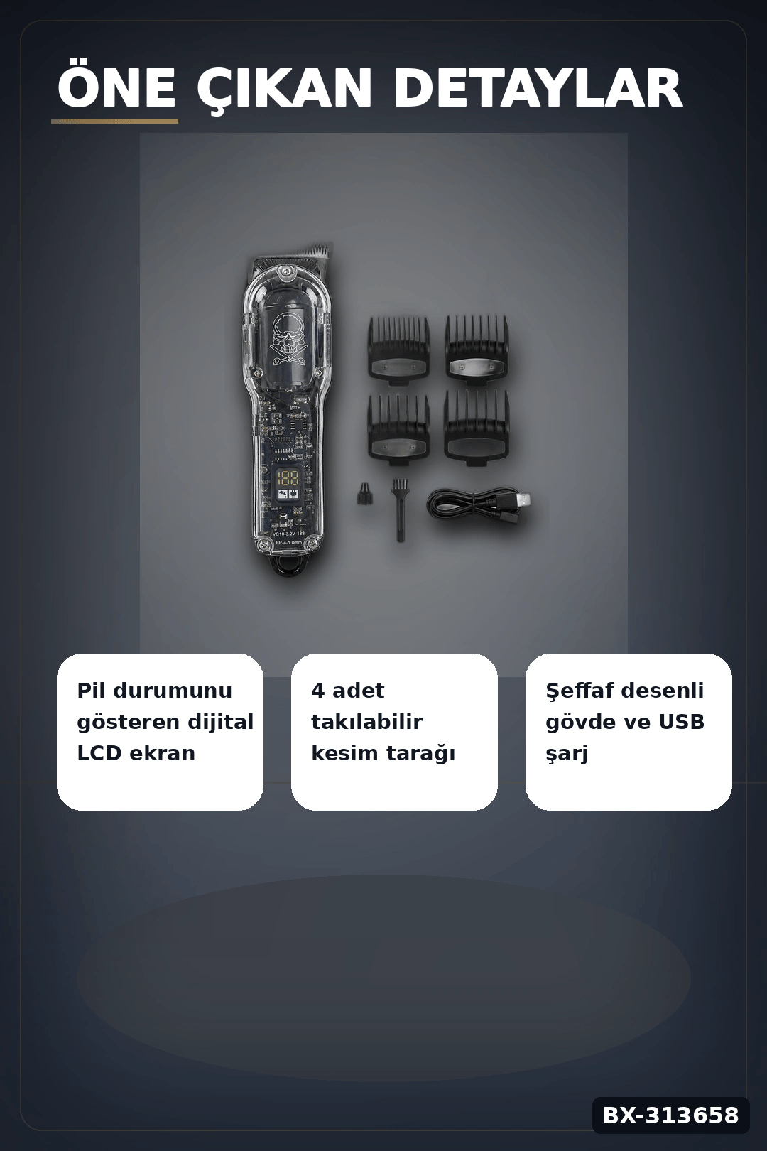 LCD Ekranlı 1800 mAh Şarjlı Saç Kesme Makinesi USB Şarjlı 4 Taraklı Tıraş Makinesi Seti BX-313658