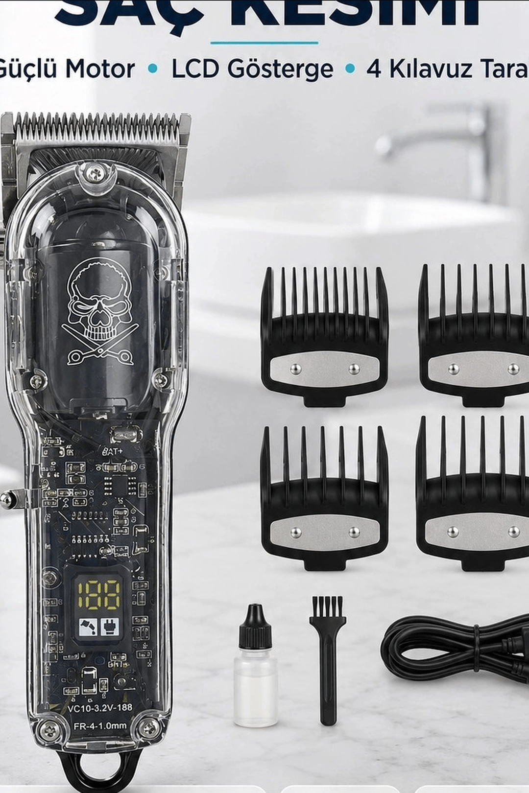 LCD Ekranlı 1800 mAh Şarjlı Saç Kesme Makinesi USB Şarjlı 4 Taraklı Tıraş Makinesi Seti BX-313658