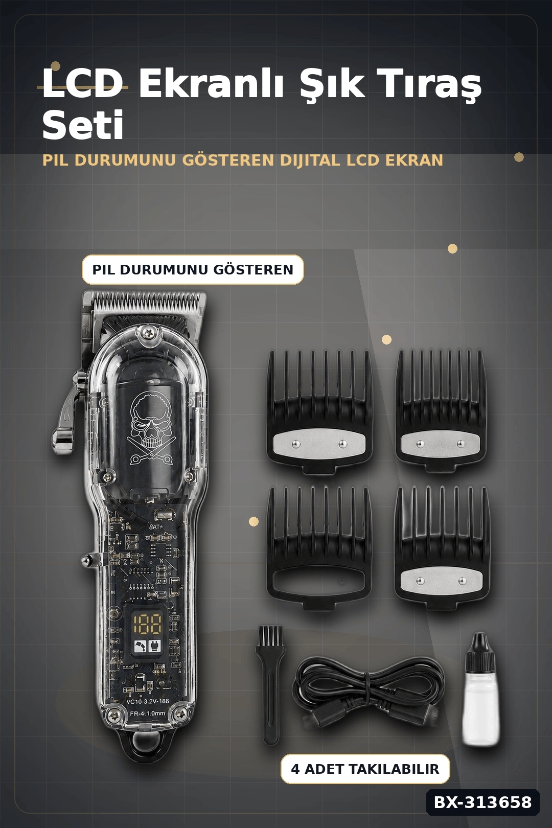 LCD Ekranlı 1800 mAh Şarjlı Saç Kesme Makinesi USB Şarjlı 4 Taraklı Tıraş Makinesi Seti BX-313658