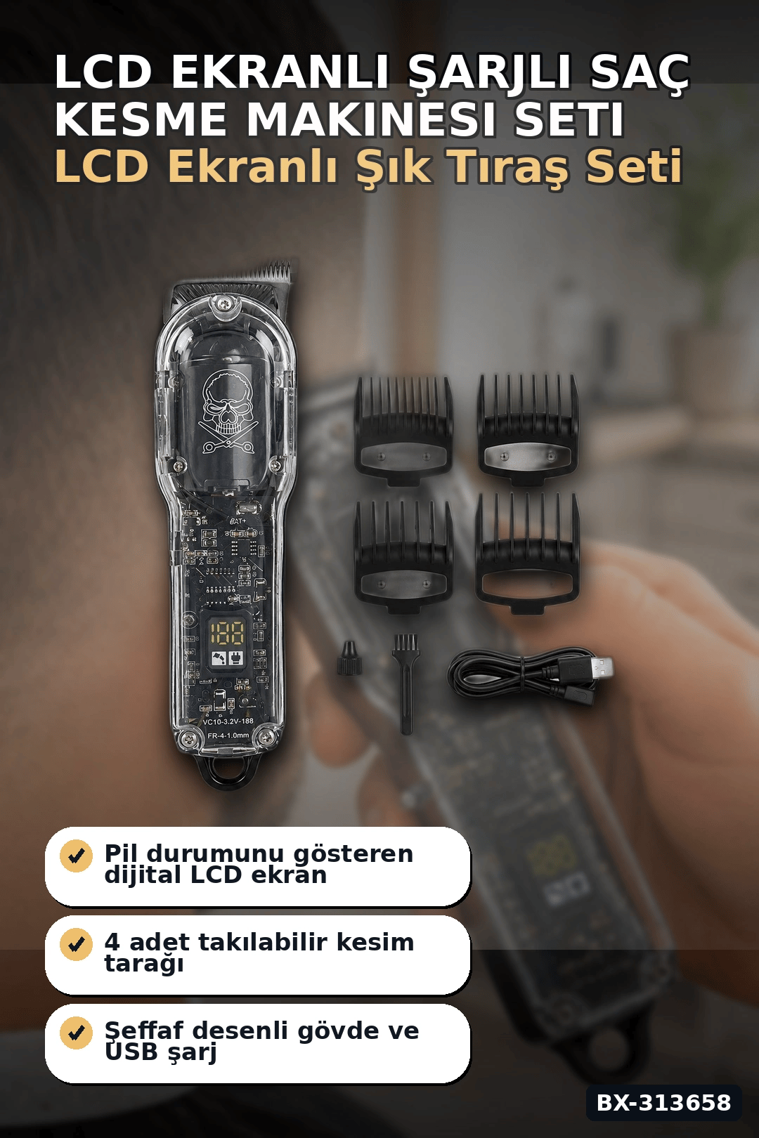 LCD Ekranlı 1800 mAh Şarjlı Saç Kesme Makinesi USB Şarjlı 4 Taraklı Tıraş Makinesi Seti BX-313658