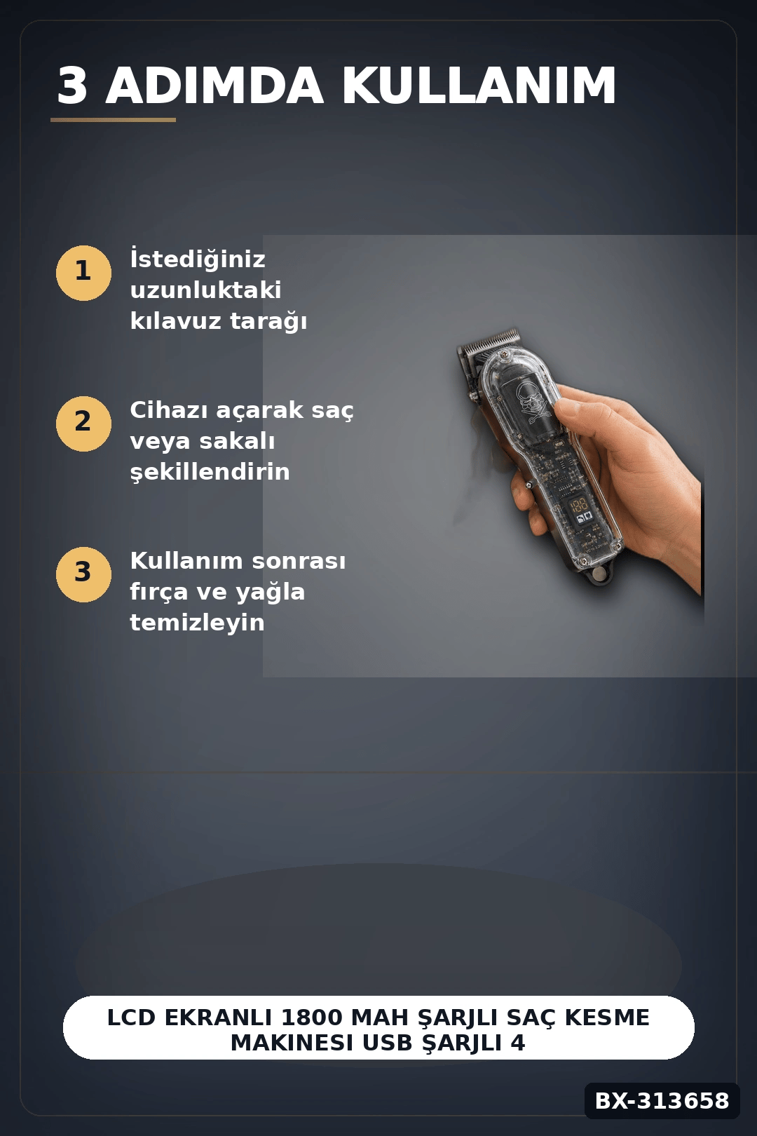 LCD Ekranlı 1800 mAh Şarjlı Saç Kesme Makinesi USB Şarjlı 4 Taraklı Tıraş Makinesi Seti BX-313658