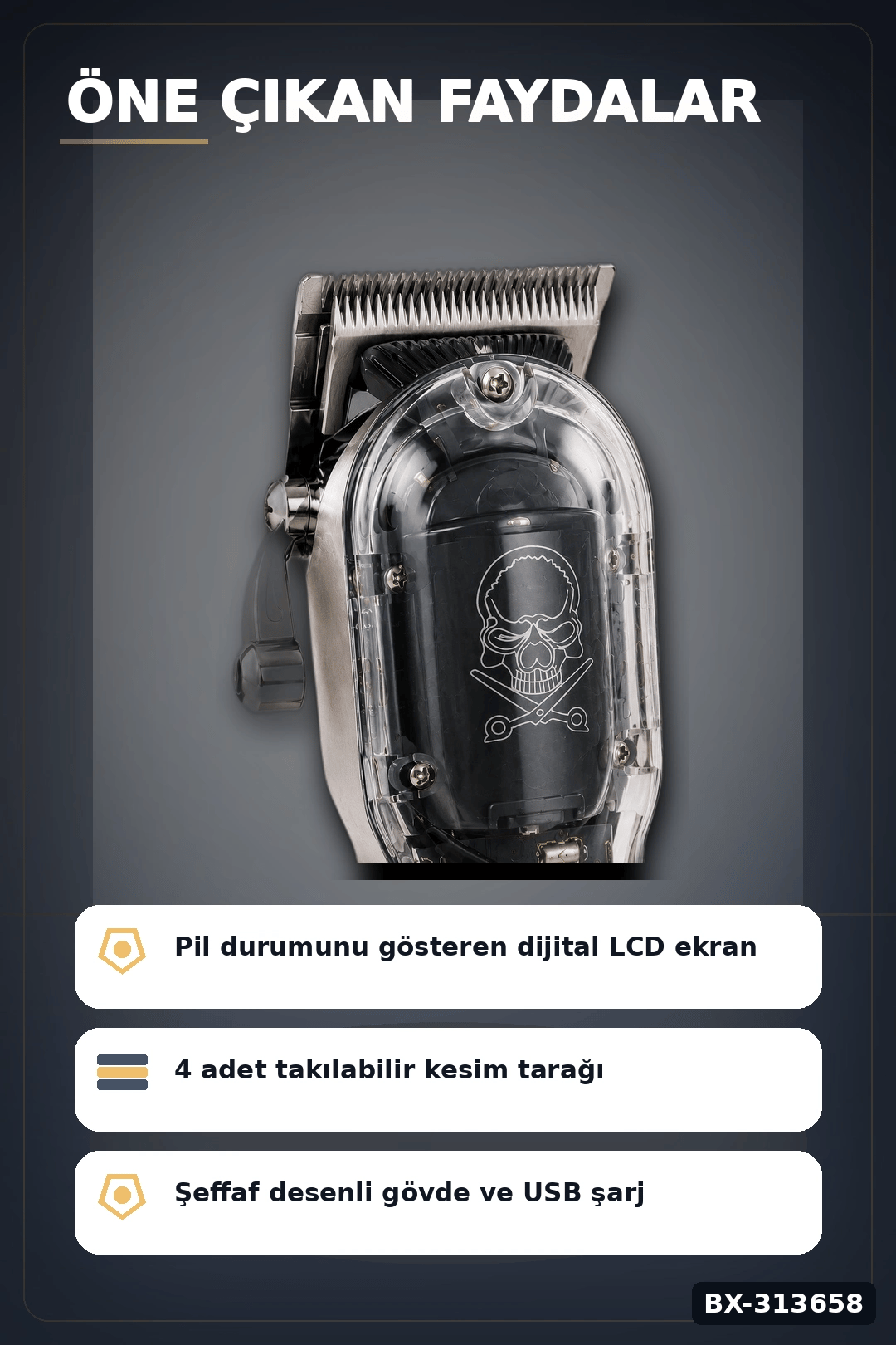 LCD Ekranlı 1800 mAh Şarjlı Saç Kesme Makinesi USB Şarjlı 4 Taraklı Tıraş Makinesi Seti BX-313658