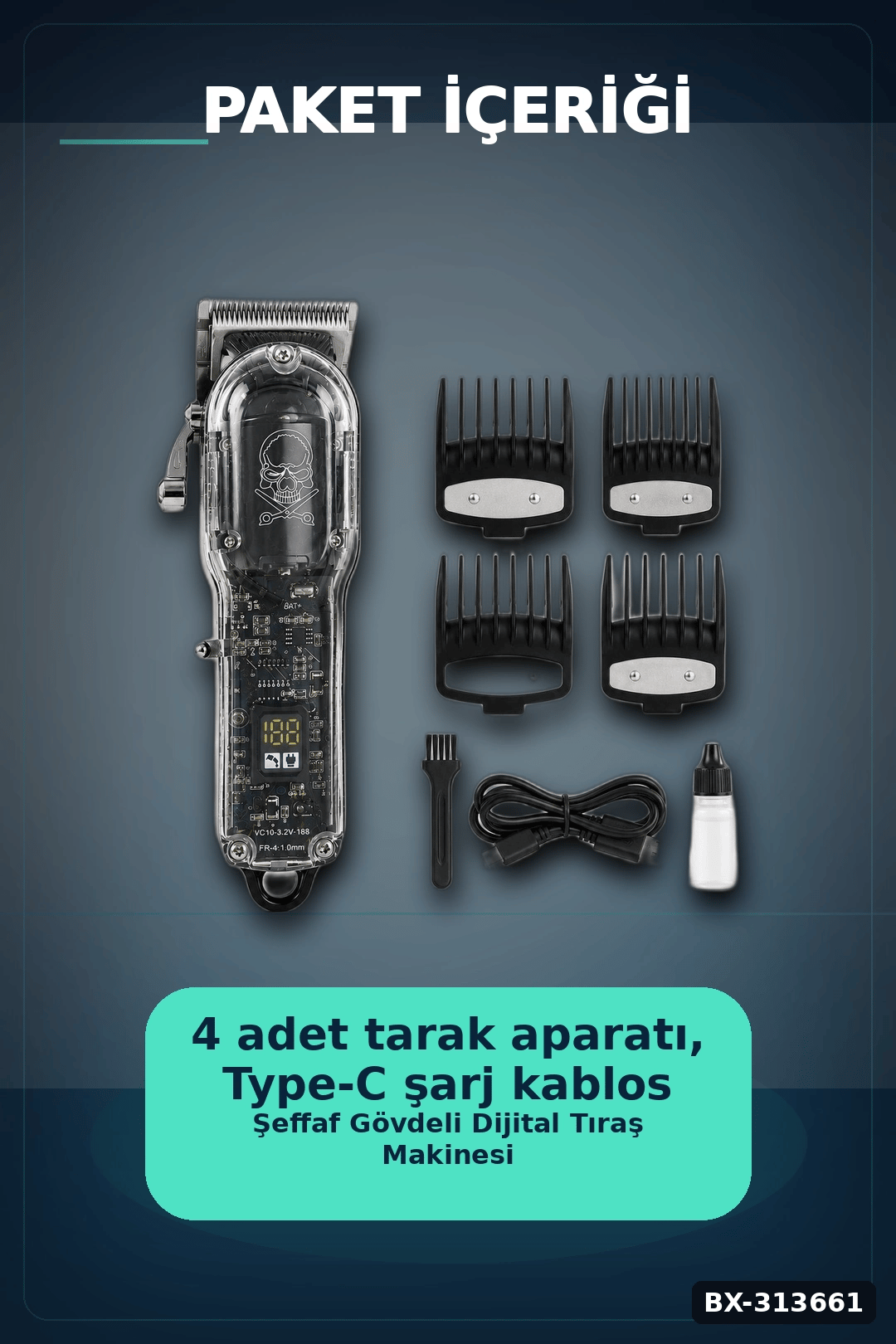 LCD Ekranlı Şarjlı Saç Tıraş Makinesi 1800 mAh 4 Taraklı USB Şarj Güçlü Motor Kesme Aleti BX-313661