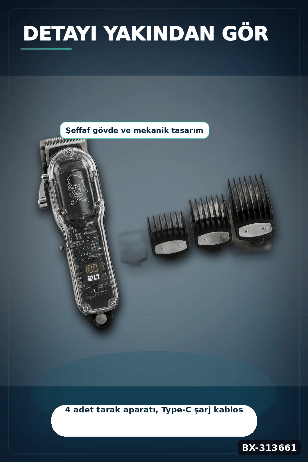 LCD Ekranlı Şarjlı Saç Tıraş Makinesi 1800 mAh 4 Taraklı USB Şarj Güçlü Motor Kesme Aleti BX-313661