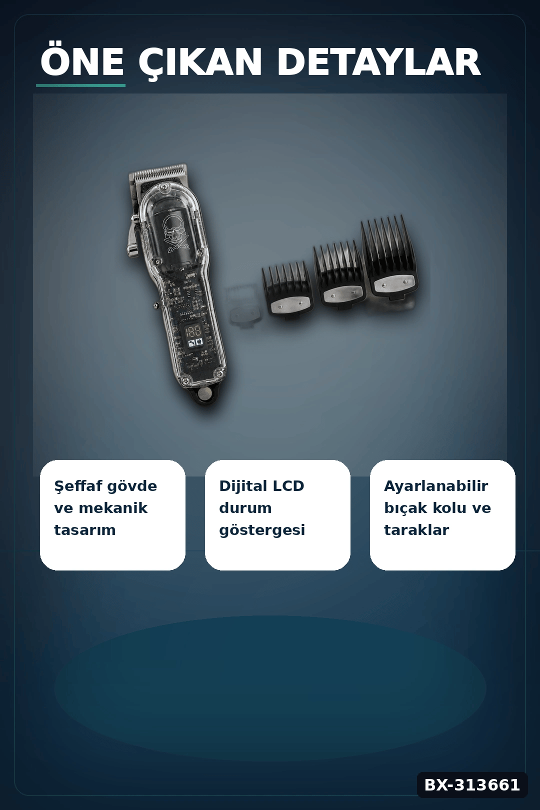 LCD Ekranlı Şarjlı Saç Tıraş Makinesi 1800 mAh 4 Taraklı USB Şarj Güçlü Motor Kesme Aleti BX-313661