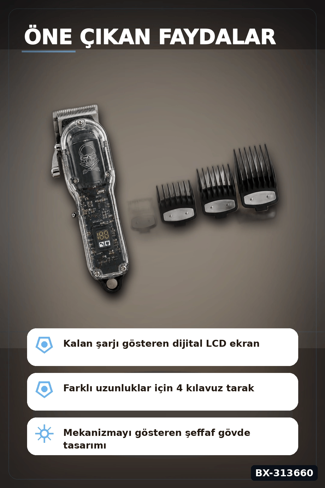 LCD Ekranlı USB Şarjlı Saç Kesme Makinesi 4 Tarak Profesyonel Erkek Tıraş Makinesi BX-313660