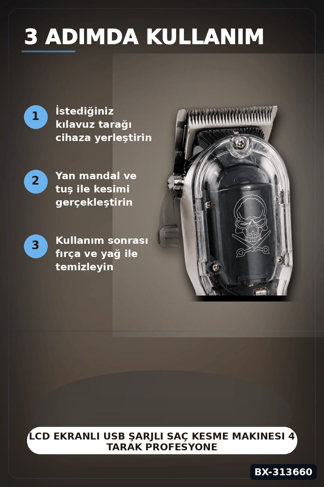 LCD Ekranlı USB Şarjlı Saç Kesme Makinesi 4 Tarak Profesyonel Erkek Tıraş Makinesi BX-313660