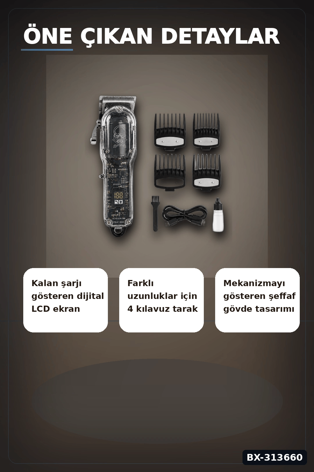 LCD Ekranlı USB Şarjlı Saç Kesme Makinesi 4 Tarak Profesyonel Erkek Tıraş Makinesi BX-313660